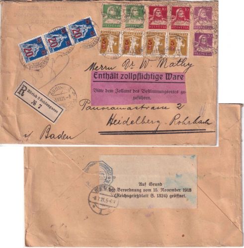 Schweiz - 3x20/25 Rp. sitz. Helvetia u.a. Einschreibebrief Zürich 1921 Zensur