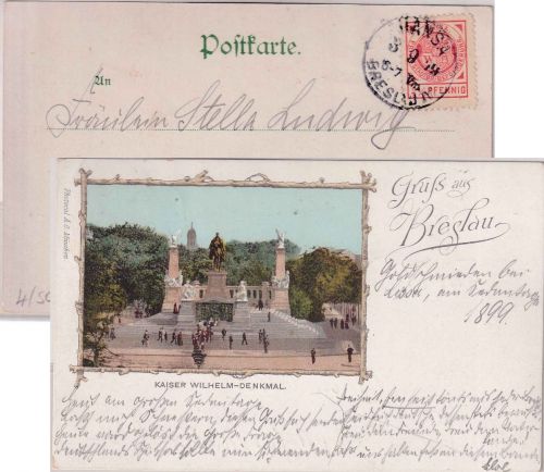 Breslau - Hansa 2 1/2 Pfg. AK Kaiser Wilhelm Denkmal 3.9.99