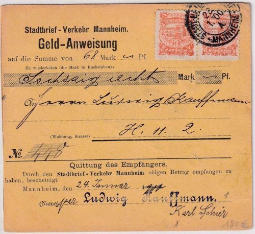 Mannheim - Stadtbriefverkehr 2x2+2x3 Pfg. Geldanweisung 23.1.00