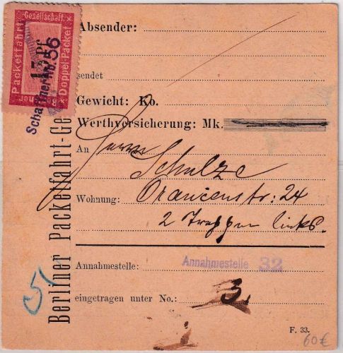 Berlin - Paketfahrt 15 Pfg. Paketkarte L1 Annahmestelle 32 Schaffner No. 56