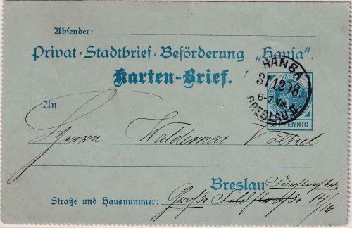 Breslau - Stadtpost Hansa 3 Pfg. Ganzsache/Kartenbrief 31.12.98