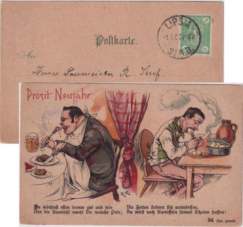 Leipzig - Lipsia 3 Pfg. Kopf/Wappen Ortskarte (farb. Neujahrs-Juxkarte) 1.1.1900