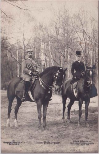 Preussen - Kaiser Wilhelm u. Auguste Victoria zu Pferd sw-Foto-AK 5. April 1906