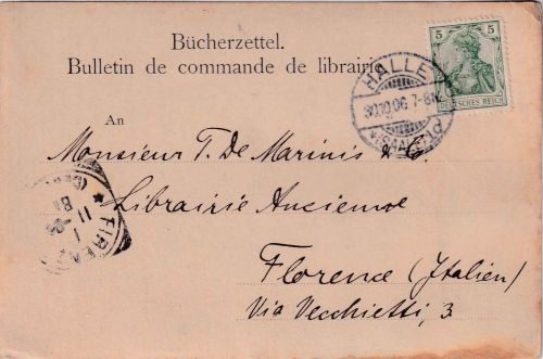 DR - 5 Pfg. Germania Bücherzettel n. ITALIEN Halle - Florenz 1906