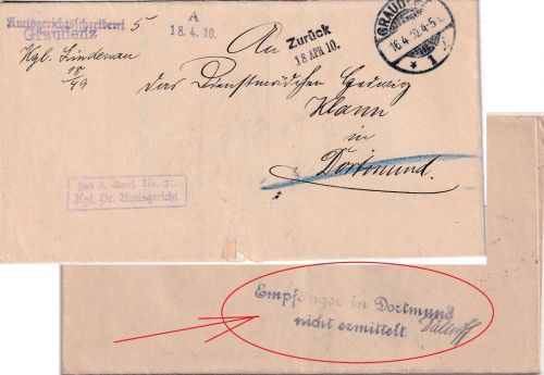 DR - Graudenz 1910 Frei laut Avers No.21 Dienstbrief n. Dortmund - retour !