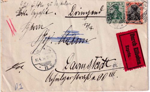 DR - 30+5 Pfg. Germania Eilbrief (Rohrpost) Berlin O25 - Darmstadt 1916