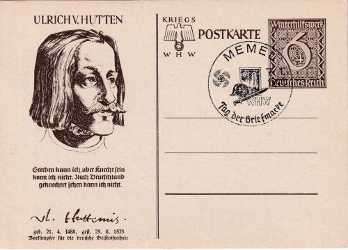 DR - 6 Pfg. WHW Sonderganzsache (Hutten) SST Memel Tag d. Briefmarke 1940