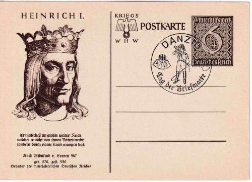 DR - 6 Pfg. WHW Sonderganzsache (Heinrich I.) SST Danzig Tag d. Briefmarke 1940