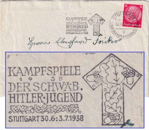 DR - Stuttgart 1938 Kampfspiele d. schwäb. Hitlerjugend Masch.werbestempel Brief