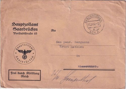 DR - Saarbrücken SCHA 1937 Dienstbrief/Frei d. Ablösung n. Klarenthal