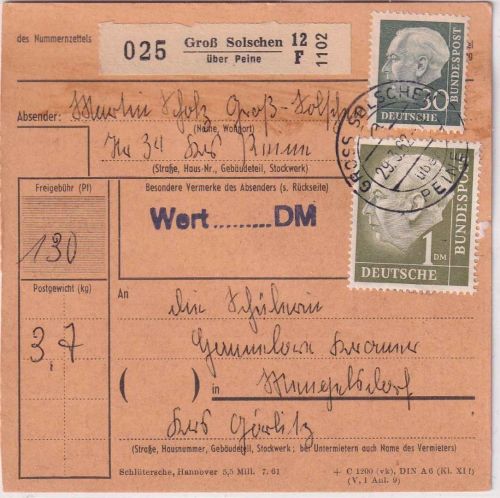 BRD - 1 DM + 30 Pfg. Heuss I/II Paketkarte i.d. DDR Groß Solchen ü. Peine 1962