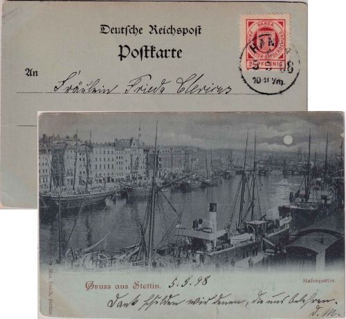 Stettin - Hansa 2 1/2 Pfg. Wappen AK Stettin Hafen 5.5.98