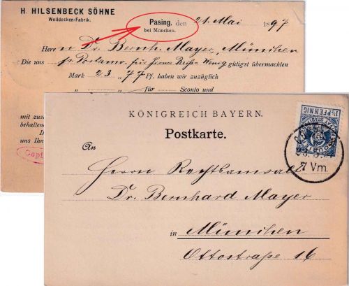 München - 1 1/2 Pfg. Münchner Kindl Bestätigungskarte (!) Pasing 21. Mai 1897