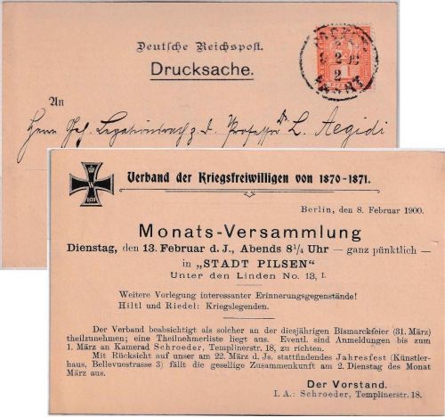 Berlin - Paketfahrt 1 Pfg Bär Karte/Verband d. Kriegsfreiwilligen 1870/71 9.2.00