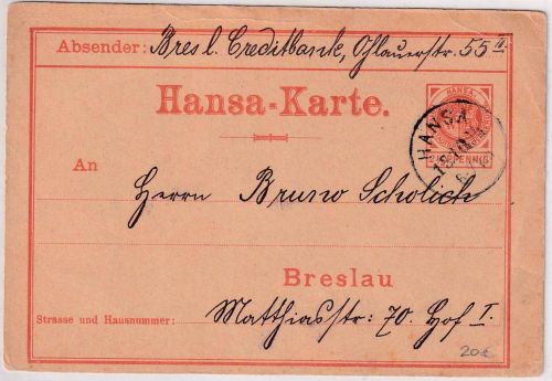 Breslau - Hansa Stadtbriefbeförderung 2 1/2 Pfg. Ganzsache/Karte 13.10.94