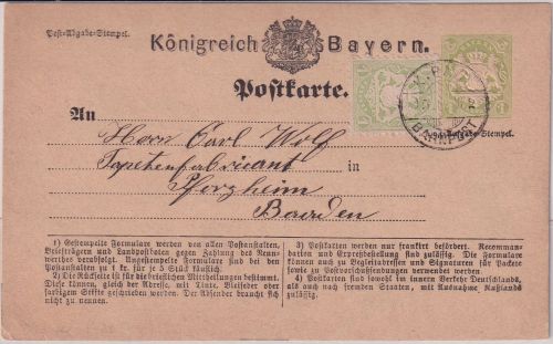 Bayern - 1 Kr. Wappen Ganzsache+Zusatz K.Bayr. Bahnpost Dürkheim Pforzheim 1875