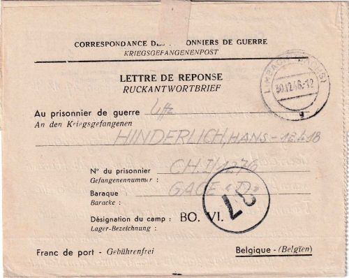 All.Bes./Belgien - Limbach 30.12.46 Kriegsgefangenenbrief ins Lager BO VI