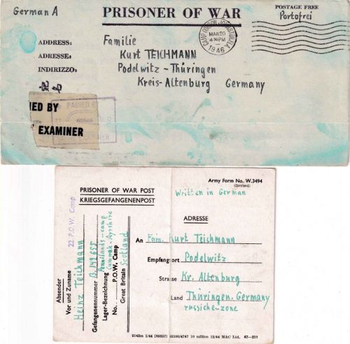 All.Bes./USA/England - Kriegsgefangenenkarte/-brief n. Podelwitz 20.3./15.5.46