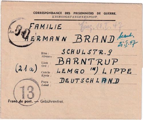 All.Bes./Belgien - Lager LBV (Waterschei) Kriegsgefangenenbrief n. Barntrup 1946