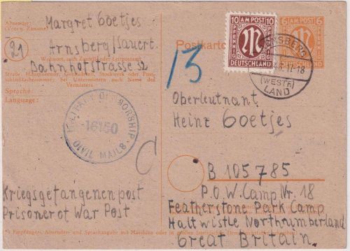AM-Post/England - 6 Pfg. Ganzsache+Zusatz/Kriegsgefangenenkarte Arnsberg 29.1.46