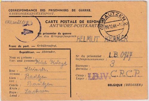 All.Bes./Belgien - Bautzen 9.12.46 Kriegsgefangenenkarte ins Lager LB V
