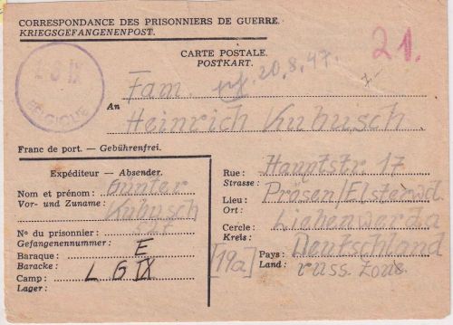 All.Bes./Belgien - Lager LG IX (Bois D'Avroy) Kriegsgefangenenkarte 1.8.47