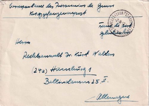 All.Bes./Belgien - Brüssel St. Gilles Kriegsgefangenenbrief n. Hamburg 7.8.57