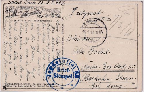 DR - Jagdstaffel 52 Feldpostkarte n. Oberhofen Els. (Nachr.Ers.Abtl. 15)