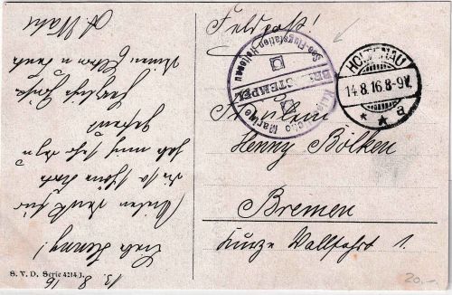 DR - Seeflugstation Holtenau Kaiserl. Marine Feldpostkarte n. Bremen 14.8.16