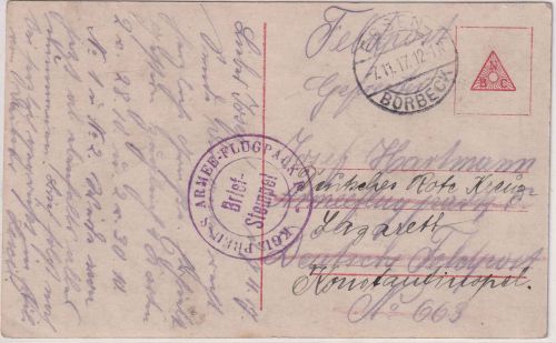 DR - Essen-Borbeck 7.11.17 Feldpostkarte an Kgl. Preuss. Armee-Flugpark F TÜRKEI