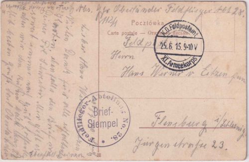 DR - Feldflieger-Abteilung No. 28/XI. Armeekorps Feldpostkarte 25.6.15
