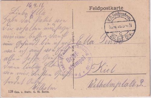 DR - Feld-Luftschiffer-Abt. Nr.18/29. Inf.Div. Feldpostkarte n. Kiel 16.4.16