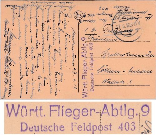 DR/Württemberg - Württ. Flieger-Abtlg. 9 Feldpostkarte n. Köthen 27.6.18