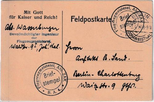 DR - Flugzeugmeisterei Abt. ZAK B.A.4. Feldpostkarte Berlin-Johannisthal 3.4.17