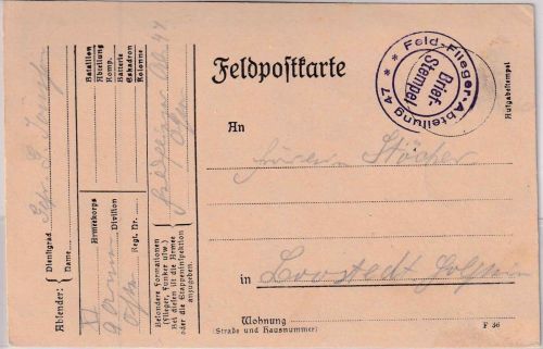 DR - Feld-Flieger-Abteilung 47 Feldpostkarte n. Boostedt 4.3.15