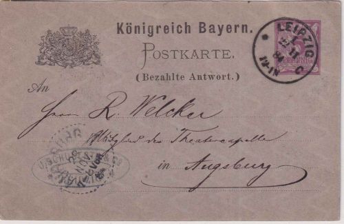 Bayern - 5 Pfg. Rauten Ganzsache/Antwortteil K1 Leipzig 22.11.84 n. Augsburg