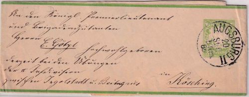 Bayern - 3 Pfg. Wappen Ganzsache/Streifband Manöverpost Augsburg 20.9.1885