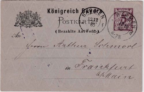 Bayern - 5 Pfg. Rauten Ganzsache/Antwortteil K2 Barmen - Frankfurt a/M. 12.12.85