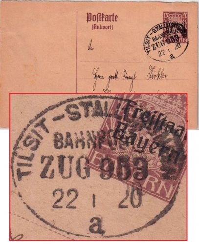 Bayern - 15 Pfg Hupp/Freistaat Ganzsache/A-Teil Bahnpost Tilsit Stallupönen 1920