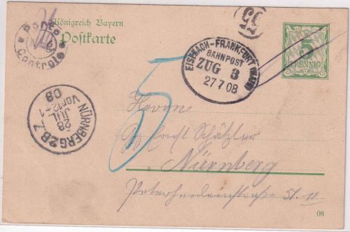 Bayern - 5 Pfg Rauten Ganzsache Bahnpost Eisenach Frankfurt a/M. 1908 Nachporto