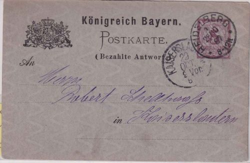 Bayern - 5 Pfg Rauten Ganzsache/Antwortteil K1 Heidelberg 282.10.1887