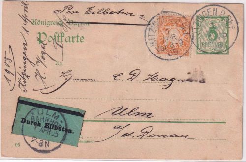 Bayern - 5 Pfg Rauten Ganzsache+Zusatz/Eilkarte Kitzingen 2 Bhf. - Ulm 1905