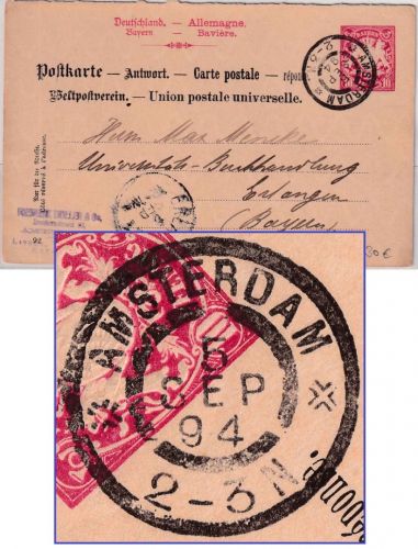 Bayern - 10 Pfg. Wappen Ganzsache/Anwortteil Amsterdam -Erlangen 5. SEP 1894