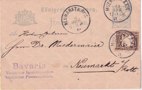 Bayern - 2 Pfg. Rauten Ganzsache+Zusatz München XXIV - Neumarkt 1901 Absender !!
