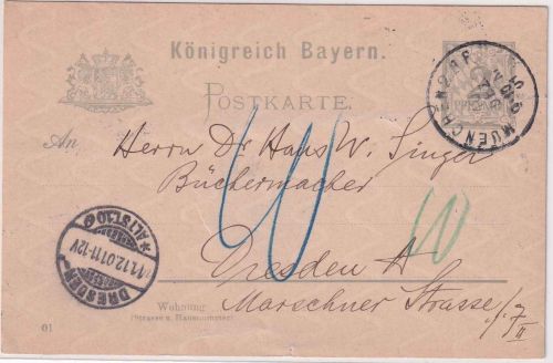 Bayern - 2 Pfg. Rauten Ganzsache München 2BP - Dresden 1901 Nachporto