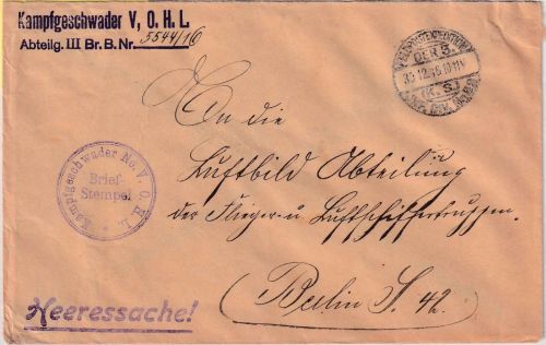 DR - Kampfgeschwader V. OHL/3. K.S.Inf.Div. Heeressache n. Berlin 30.12.16