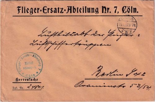 DR - Flieger-Ersatz-Abteilung Nr. 7 Heeressache Cöln 5 - Berlin 29.1.17