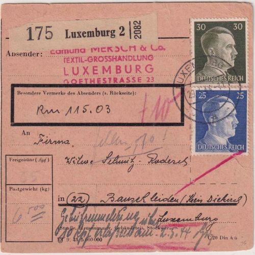 Dt. Bes. Luxemburg - Luxemburg 29.4.44 Wertpaketkarte Gebührenmeldung !