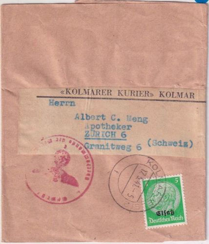 Dt. Bes. Elsass - 5 Pfg Hindenburg/Überdruck Streifband i.d. SCHWEIZ Kolmar 1941