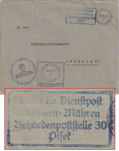 B&M - Prag 22.2.41 Frei d. Ablösung Dienstbrief 1.Kp. Pi.Ers.Btl. 206 n. Leipzig